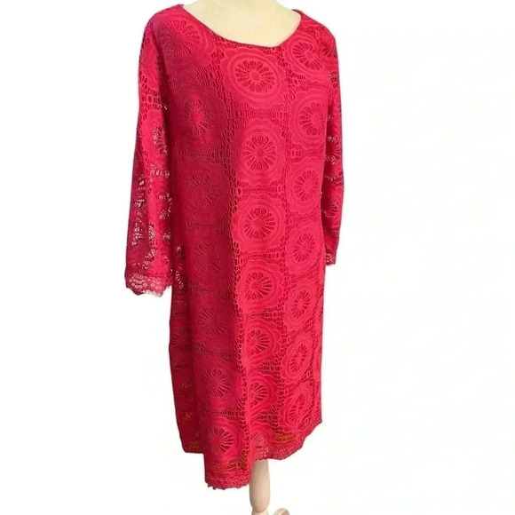 London Times Pink berry/Fuchsia Shift dress Size 14 Floral Lace Overlay Flowy - Picture 2 of 12